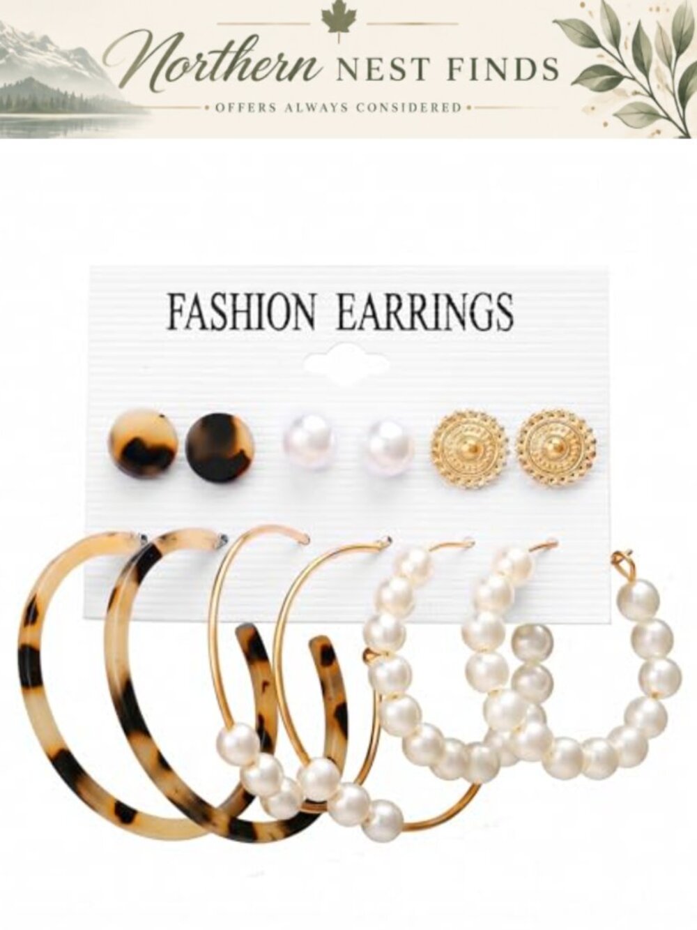 6 Pairs Tortoise Shell Earrings Set Hypoallergenic Gold Pearl Hoop Stud Tassel